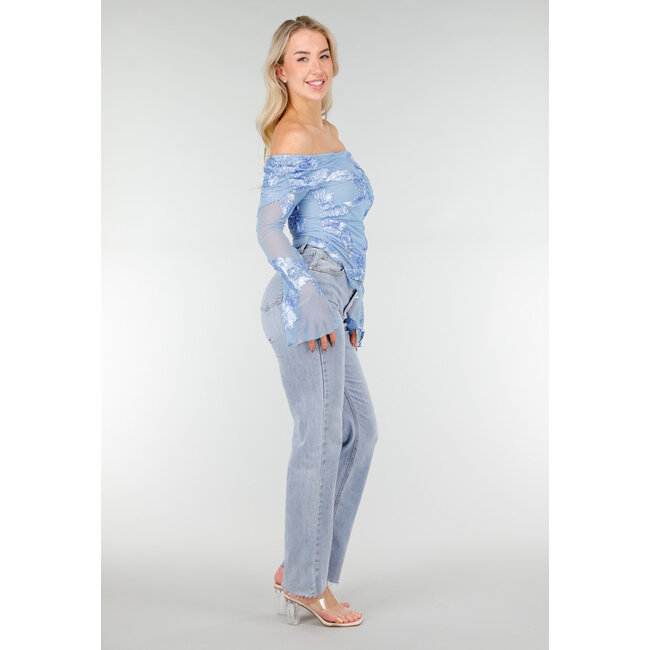 Blaues Off-Shoulder-Mesh-Oberteil mit Blumen