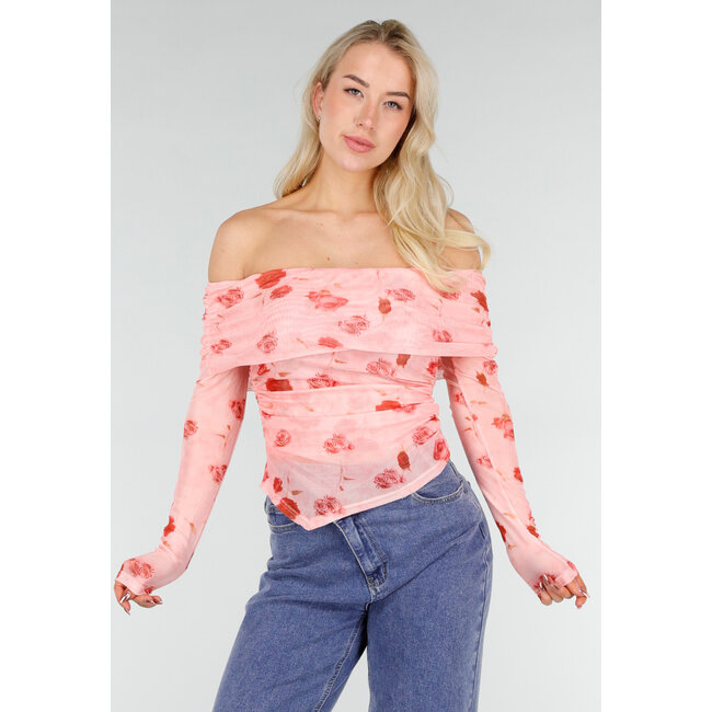 Rosa Off-Shoulder-Oberteil aus Mesh mit Blumenprint