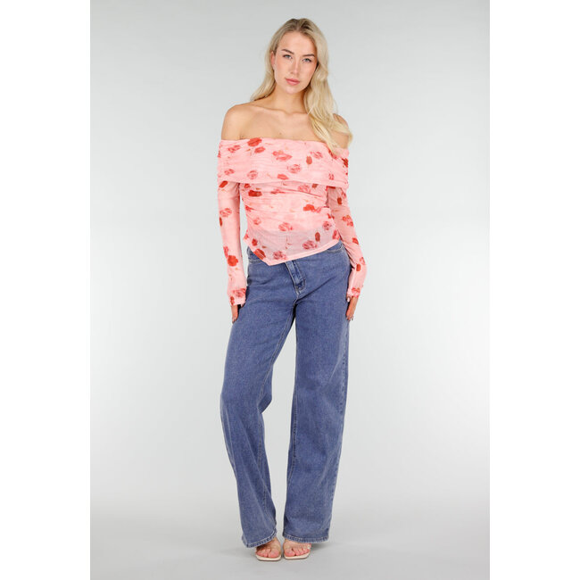 Rosa Off-Shoulder-Oberteil aus Mesh mit Blumenprint
