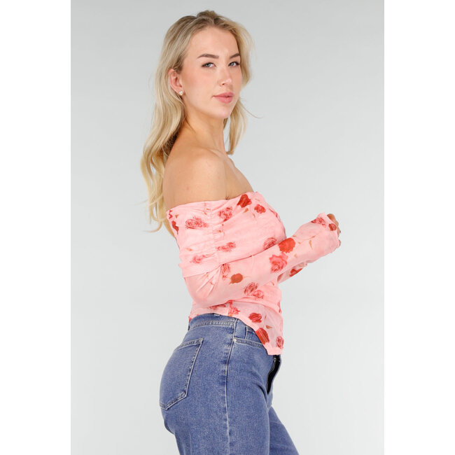 Rosa Off-Shoulder-Oberteil aus Mesh mit Blumenprint