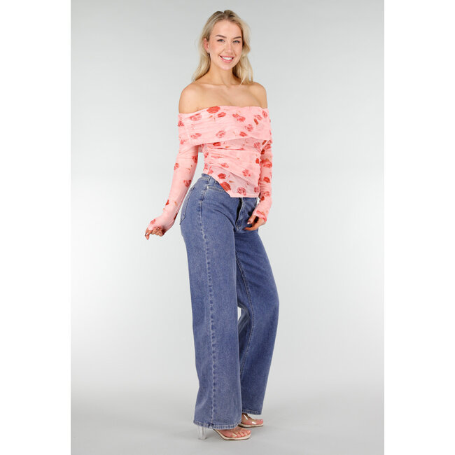 Rosa Off-Shoulder-Oberteil aus Mesh mit Blumenprint