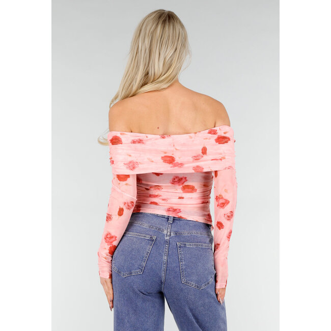 Rosa Off-Shoulder-Oberteil aus Mesh mit Blumenprint