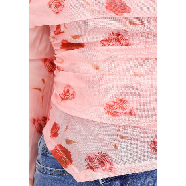 Rosa Off-Shoulder-Oberteil aus Mesh mit Blumenprint