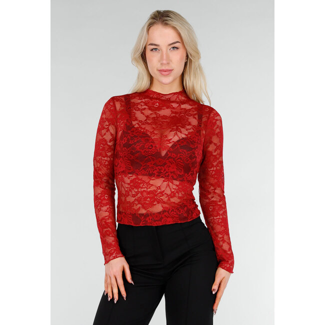 Rotes Spitzen-Mesh-Oberteil mit langen Ärmeln und Rollkragen