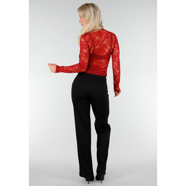 Rotes Spitzen-Mesh-Oberteil mit langen Ärmeln und Rollkragen