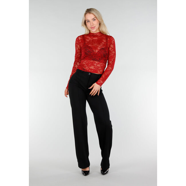 Rotes Spitzen-Mesh-Oberteil mit langen Ärmeln und Rollkragen