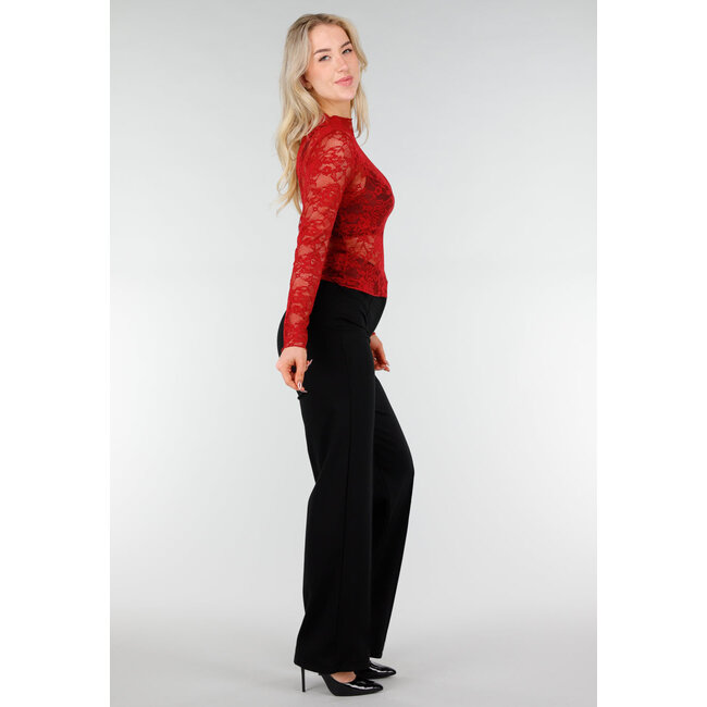 Rotes Spitzen-Mesh-Oberteil mit langen Ärmeln und Rollkragen