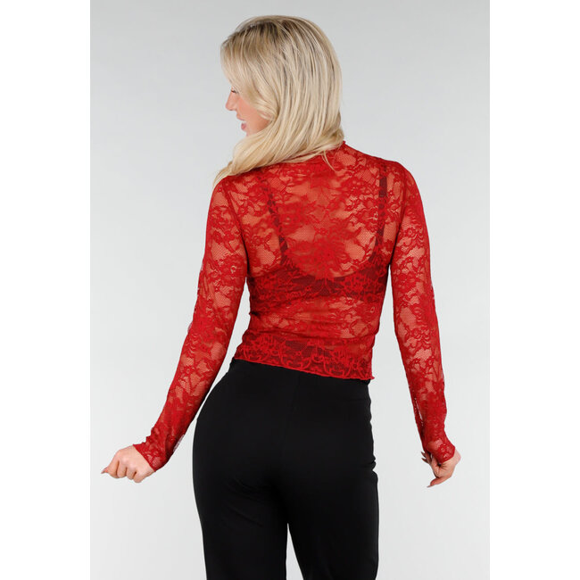 Rotes Spitzen-Mesh-Oberteil mit langen Ärmeln und Rollkragen