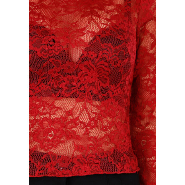 Rotes Spitzen-Mesh-Oberteil mit langen Ärmeln und Rollkragen