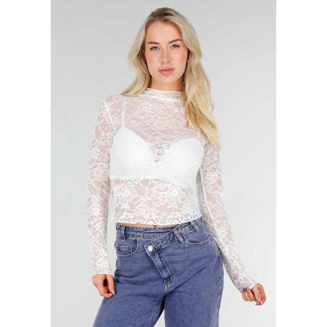 Weißes Spitzen-Mesh-Oberteil mit Stretch und Stehkragen