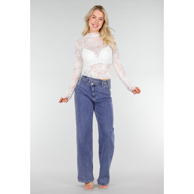 Weißes Spitzen-Mesh-Oberteil mit Stretch und Stehkragen