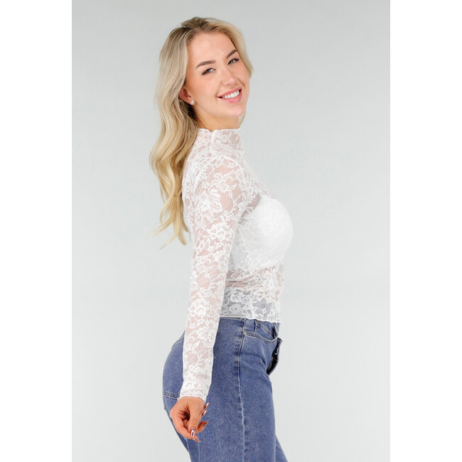 Weißes Spitzen-Mesh-Oberteil mit Stretch und Stehkragen