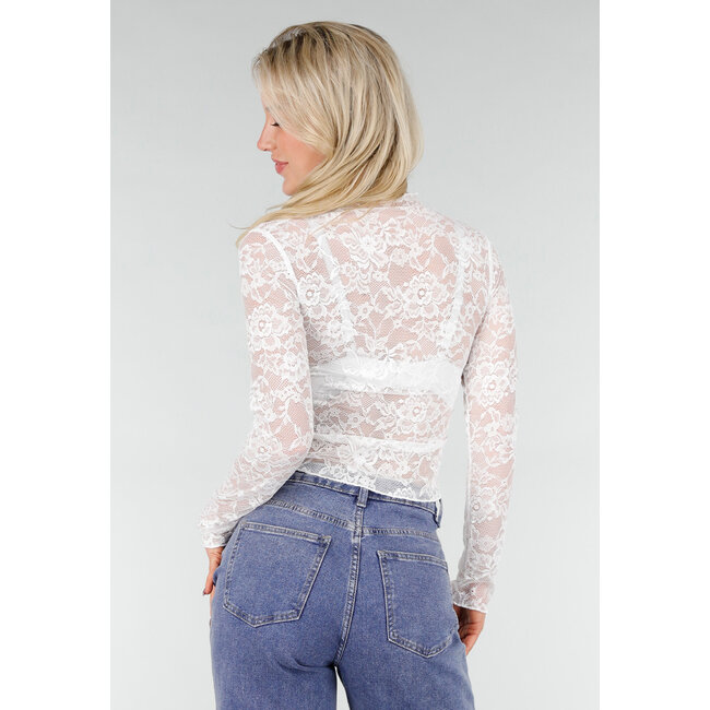 Weißes Spitzen-Mesh-Oberteil mit Stretch und Stehkragen