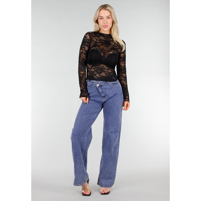 Schwarzes Spitzen-Mesh-Oberteil mit langen Ärmeln und Rollkragen