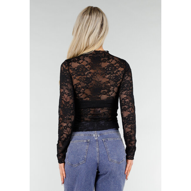 Schwarzes Spitzen-Mesh-Oberteil mit langen Ärmeln und Rollkragen