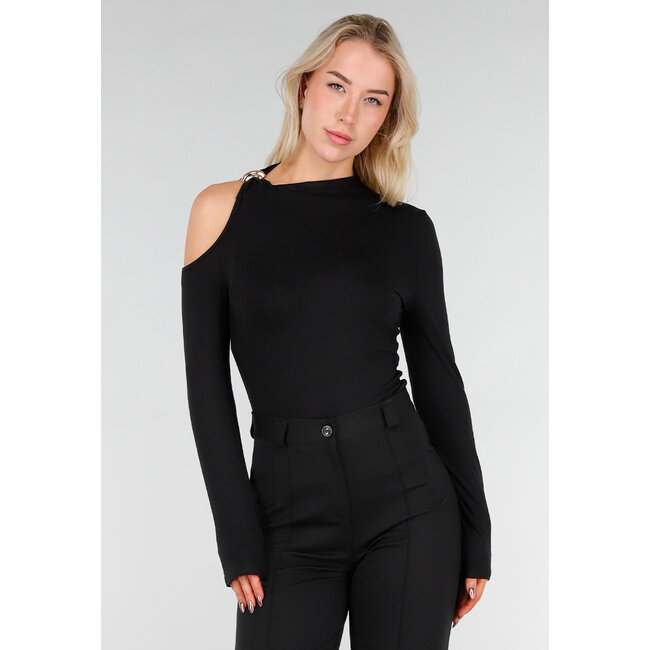 Schwarzes One-Shoulder-Top mit langen Ärmeln und Ring
