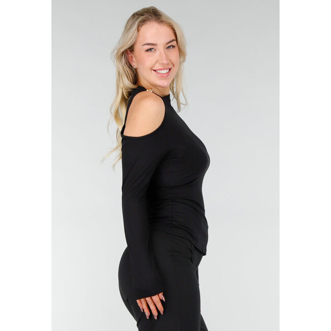Schwarzes One-Shoulder-Top mit langen Ärmeln und Ring