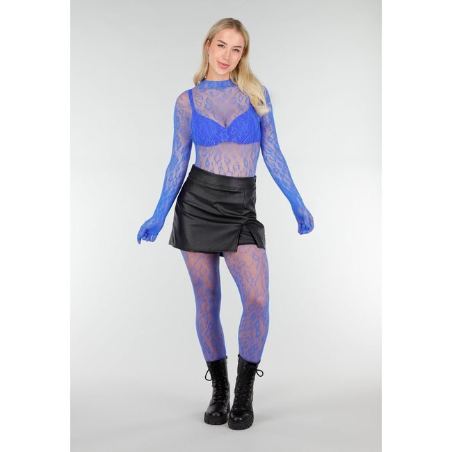 Blauer Mesh-Bodystocking mit langen Ärmeln und offenem Rücken