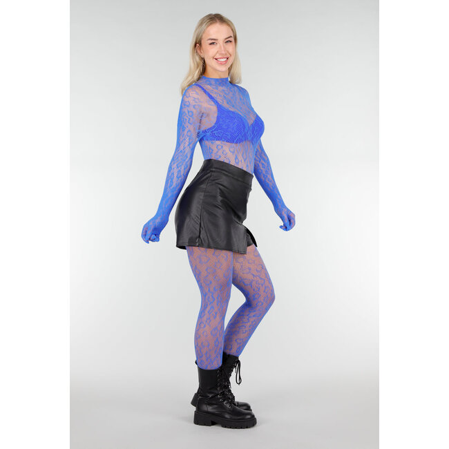 Blauer Mesh-Bodystocking mit langen Ärmeln und offenem Rücken
