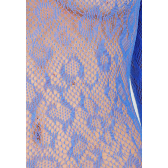 Blauer Mesh-Bodystocking mit langen Ärmeln und offenem Rücken