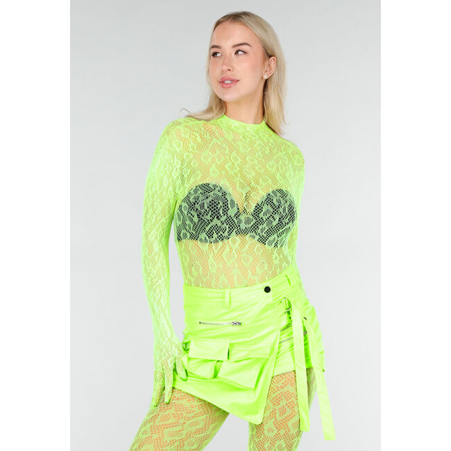 Neongrüner transparenter Netzbodystocking mit offenem Rücken