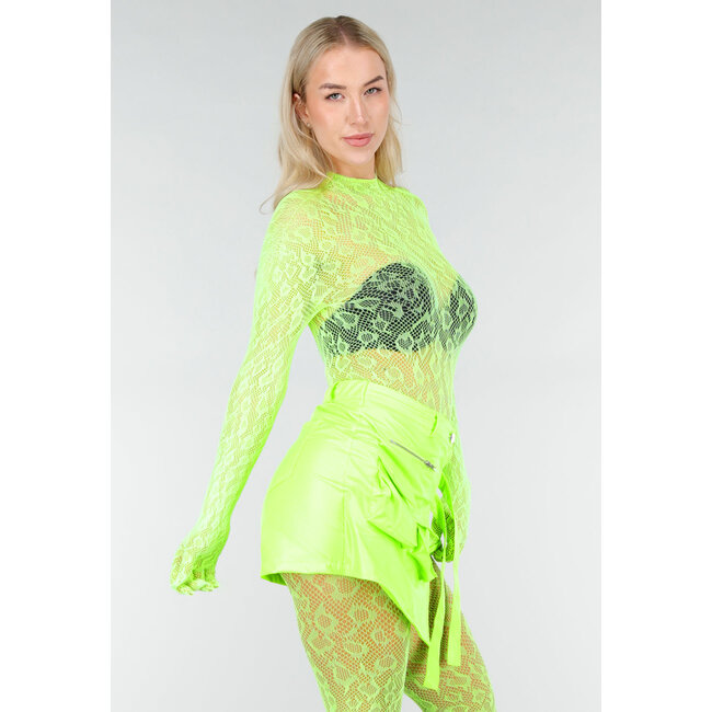 Neongrüner transparenter Netzbodystocking mit offenem Rücken