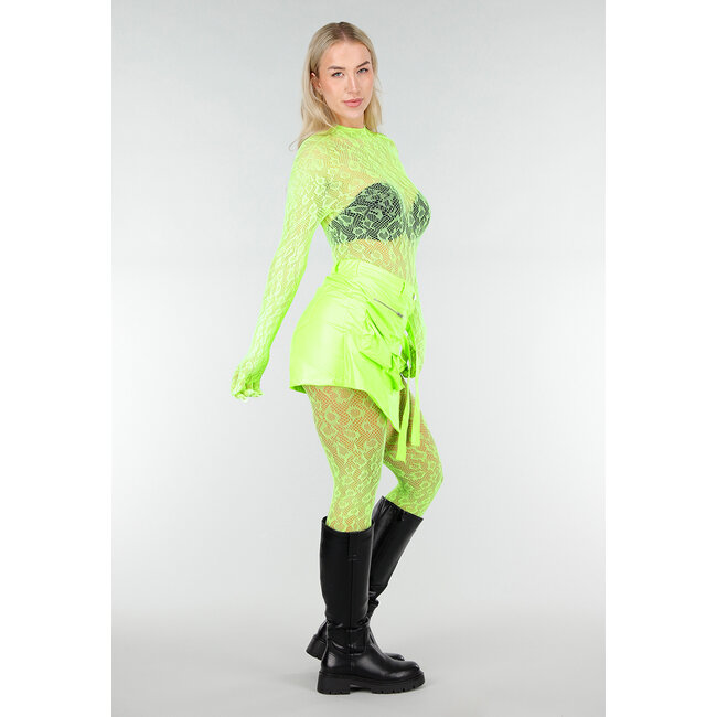 Neongrüner transparenter Netzbodystocking mit offenem Rücken