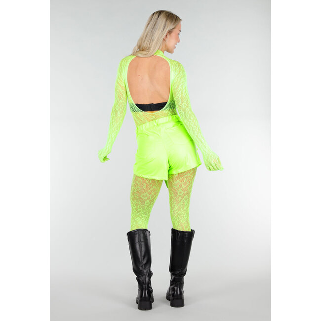 Neongrüner transparenter Netzbodystocking mit offenem Rücken