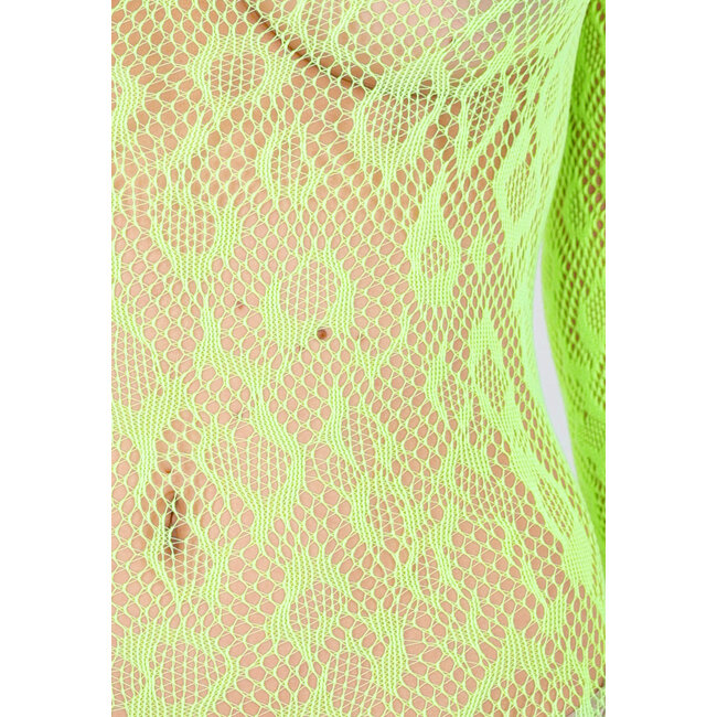 Neongrüner transparenter Netzbodystocking mit offenem Rücken