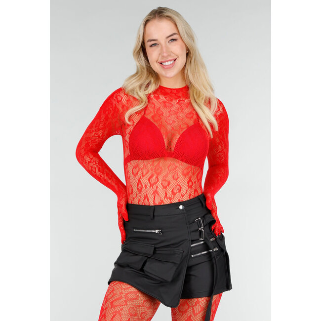 Roter Mesh-Bodystocking mit offenem Rücken und Stretch