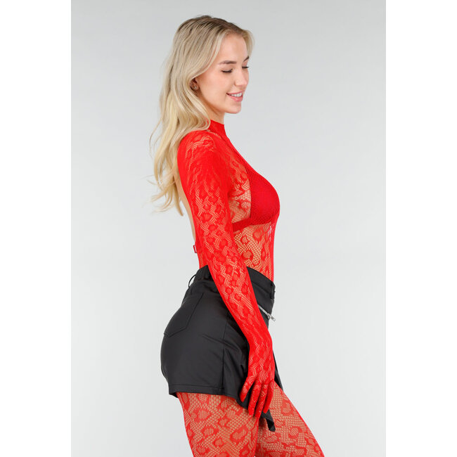 Roter Mesh-Bodystocking mit offenem Rücken und Stretch