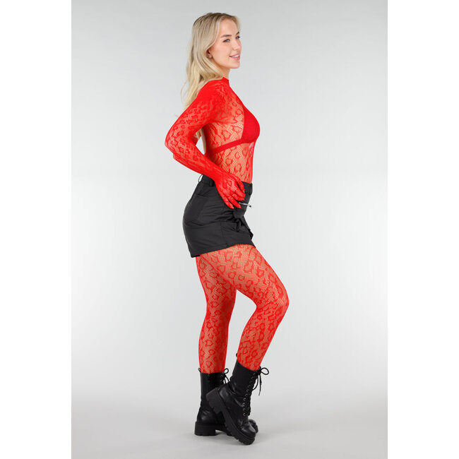 Roter Mesh-Bodystocking mit offenem Rücken und Stretch