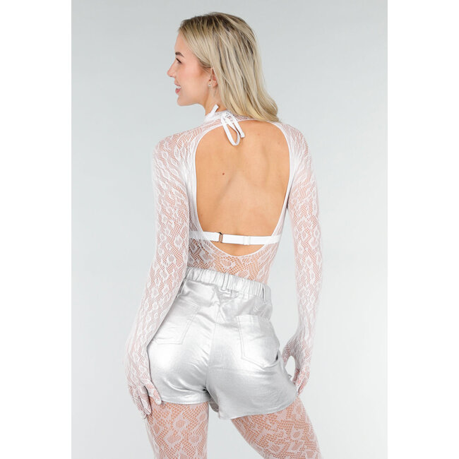 Weißer Mesh-Bodystocking mit langen Ärmeln und Stretch