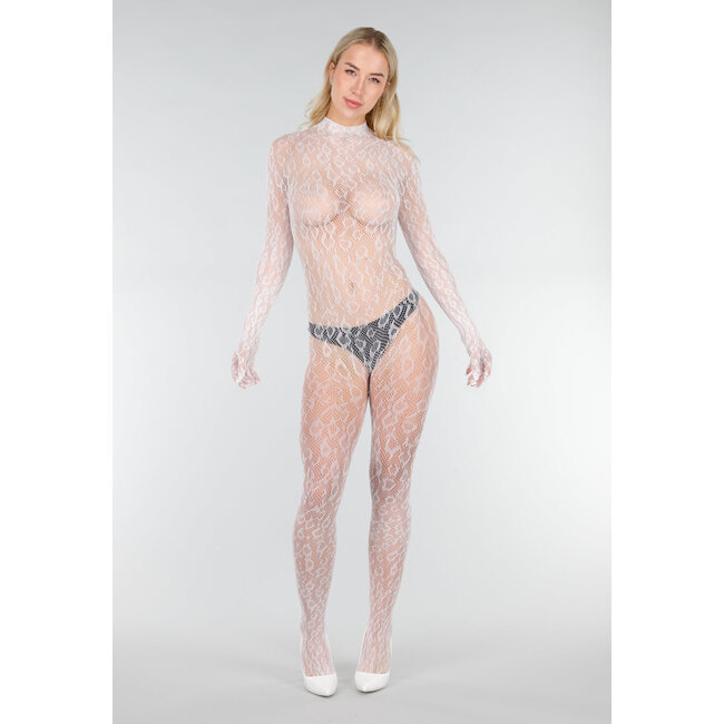 Weißer Mesh-Bodystocking mit langen Ärmeln und Stretch