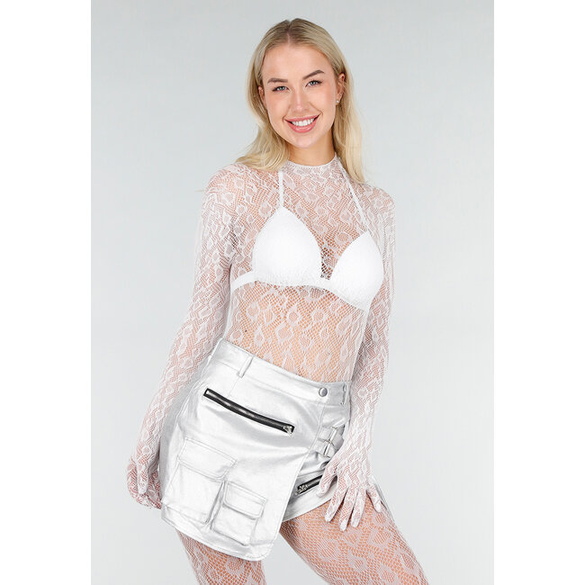 Weißer Mesh-Bodystocking mit langen Ärmeln und Stretch