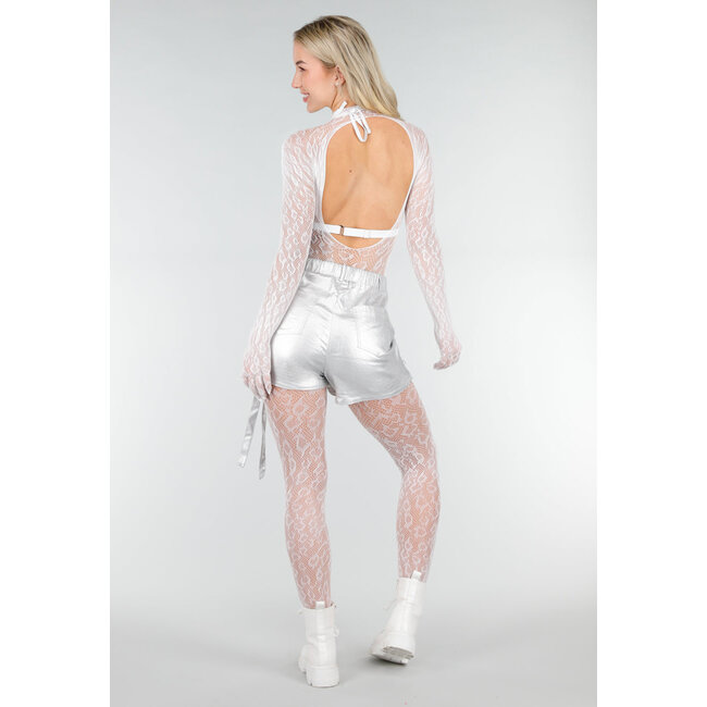 Weißer Mesh-Bodystocking mit langen Ärmeln und Stretch