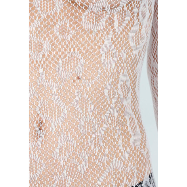 Weißer Mesh-Bodystocking mit langen Ärmeln und Stretch