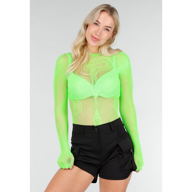 Neongrüner Mesh-Fischnetz-Body mit Stretch