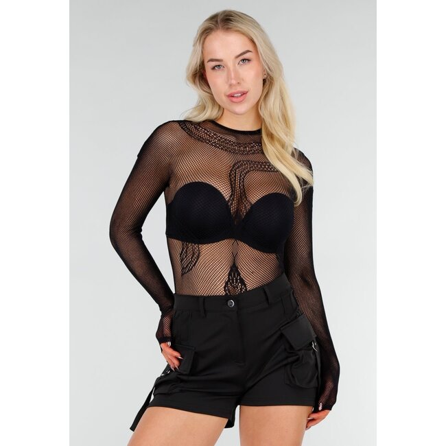 Schwarzer Mesh-Netzbody mit Schlangenprint
