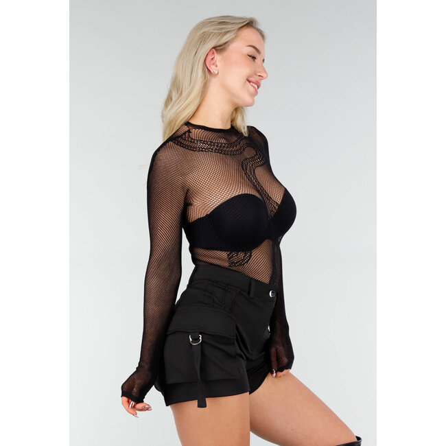 Schwarzer Mesh-Netzbody mit Schlangenprint