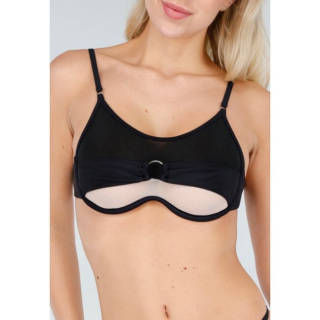 Schwarzes Bikini-Oberteil mit Mesh- und Ring-Detail