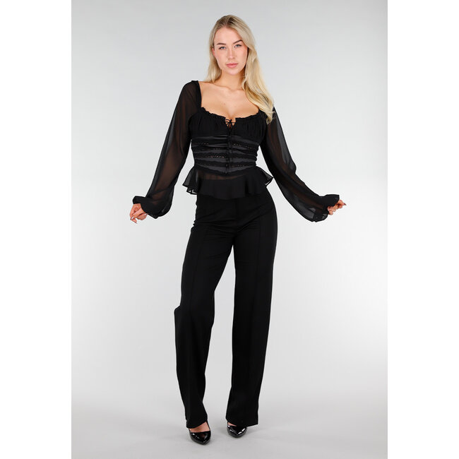 Schwarzes Korsett-Top mit Spitze und Rüschen