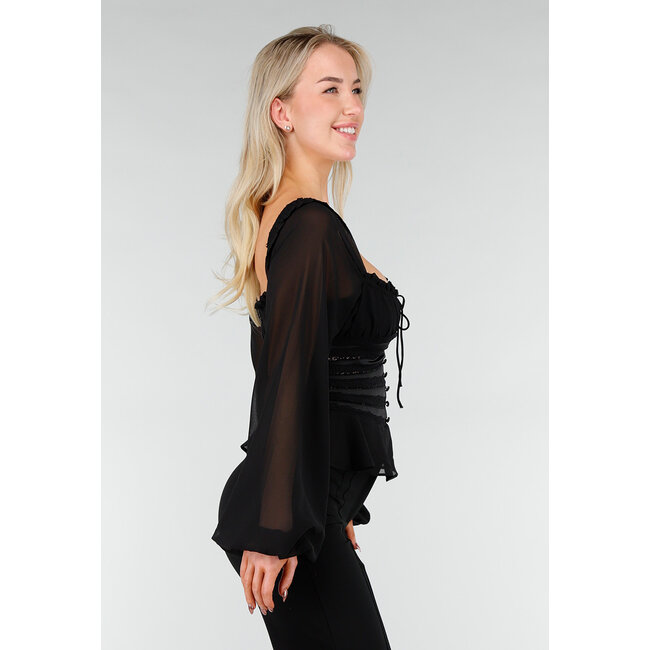 Schwarzes Korsett-Top mit Spitze und Rüschen