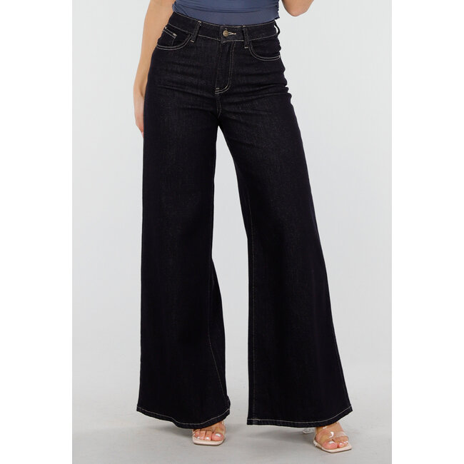 Dunkelblaue Flared Jeans mit hoher Taille und kontrastierenden Nähten