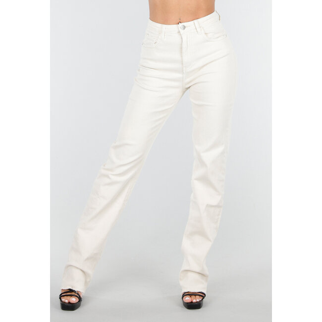 Beige Stretch Jeans mit geradem Bein und ausgefranstem Boden