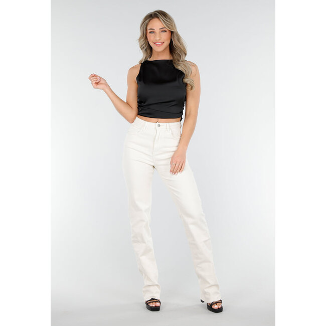 Beige Stretch Jeans mit geradem Bein und ausgefranstem Boden