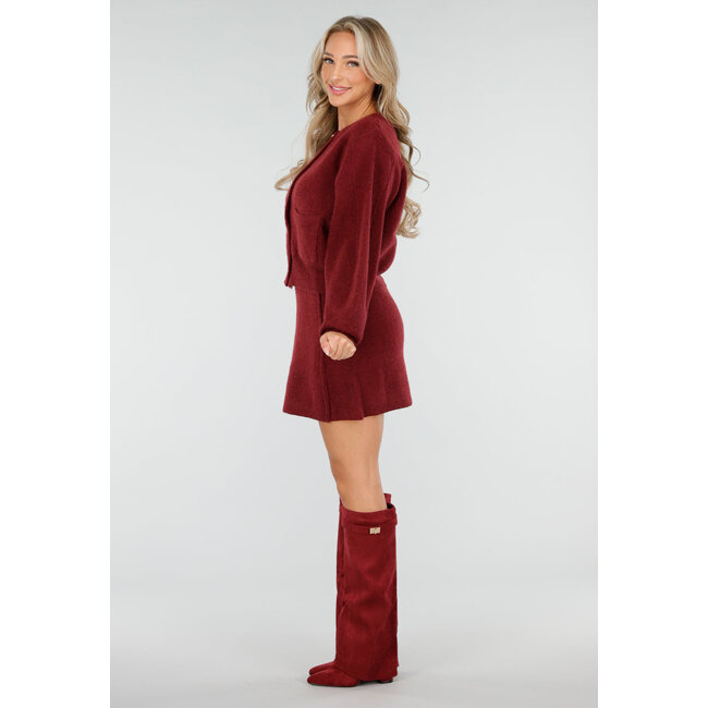 Rotes Strick-2-teiliges Set mit Strickjacke und Rock