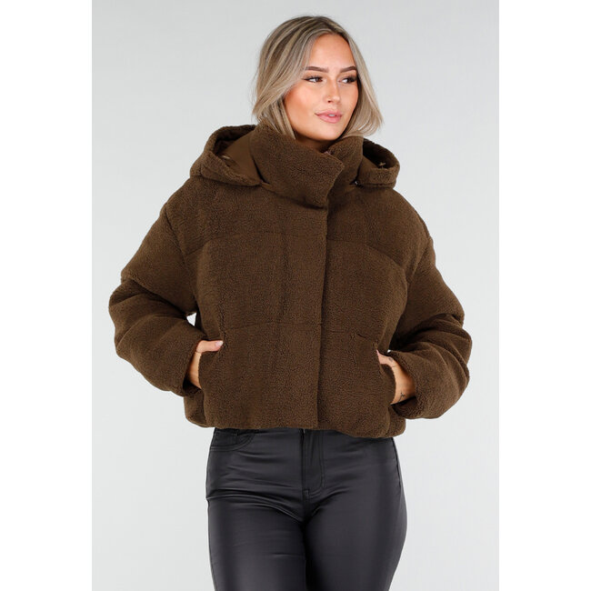 Braune Teddy-Daunenjacke mit hohem Kragen und Kapuze