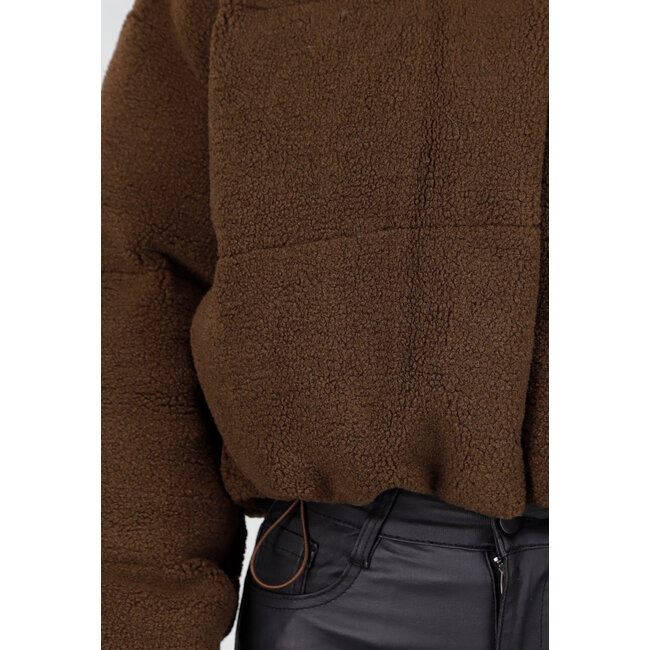 Braune Teddy-Daunenjacke mit hohem Kragen und Kapuze