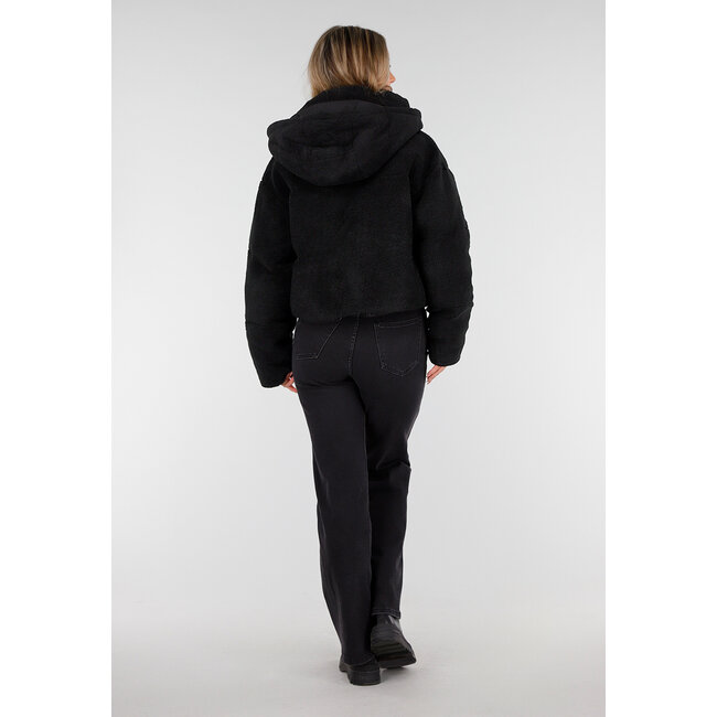 Schwarze Teddyjacke mit Kapuze und Reißverschluss